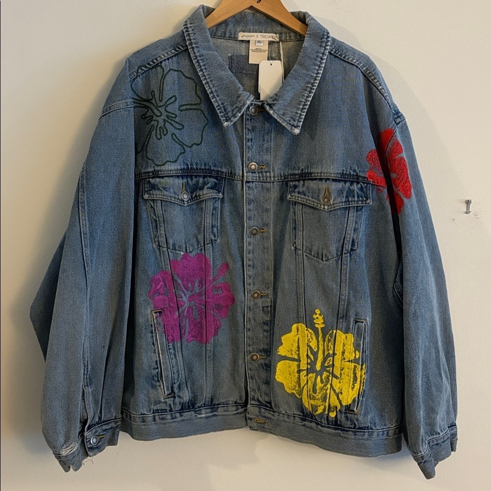 New Free People x Tricia Fix Hibiscus Floral Distressed Jean Jacket Women’s XL - Picture 5 of 16